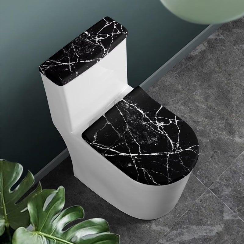 Kathyboom Toilet Lid with Elastic Edge Water Resistant Seat Covers - Durable Reusable Tank Lid Cover for Hotel Home Toilet - Black Marble Crack - Image 2